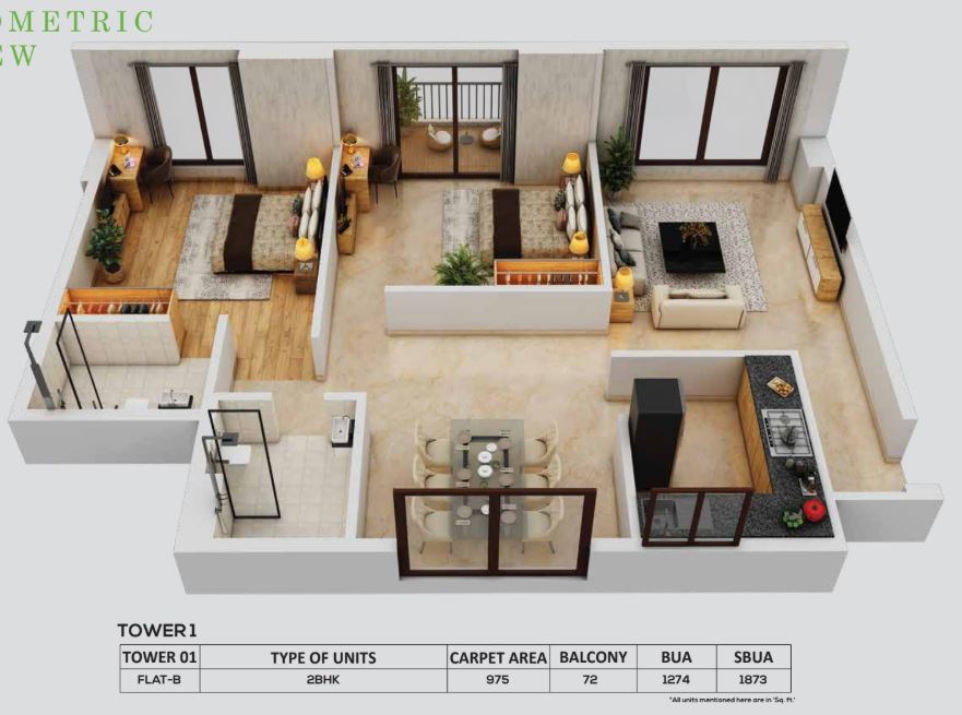 2 BHK - 975sqft