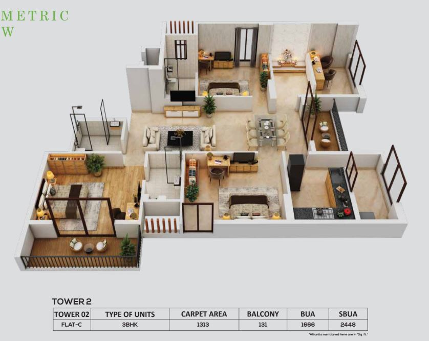 3 BHK - 1313sqft